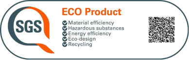 An image of the ECO Product certification mark from SGS, which indicates an eco-friendly product that has been checked for resource efficiency, hazardous substance reduction, energy efficiency, eco-design, recyclability, and more.