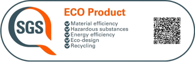 A label with SGS ECO product certification mark and QR code with information on material efficiency, hazardous substances, energy efficiency, eco-design, and recycling.