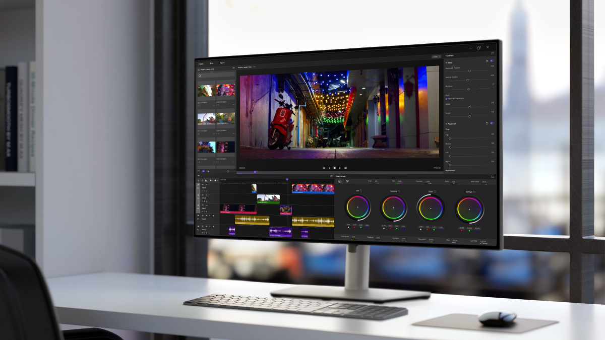 Video editing in progress on a monitor with LG Display's IPS Black display, which features deep contrast and accurate color reproduction.