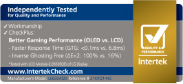 OLED 디스플레이의 빠른 반응 속도와 고품질 게이밍 성능을 보증하는 Intertek 성능 인증 마크.