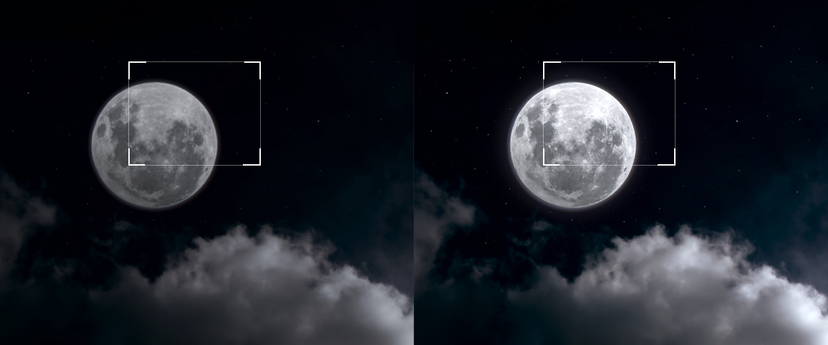 This image compares two photos of the moon, where the moon image on the conventional display is blurry at 1000 nits, while the OLED on the right shows sharp details of the moon at 1300 nits.