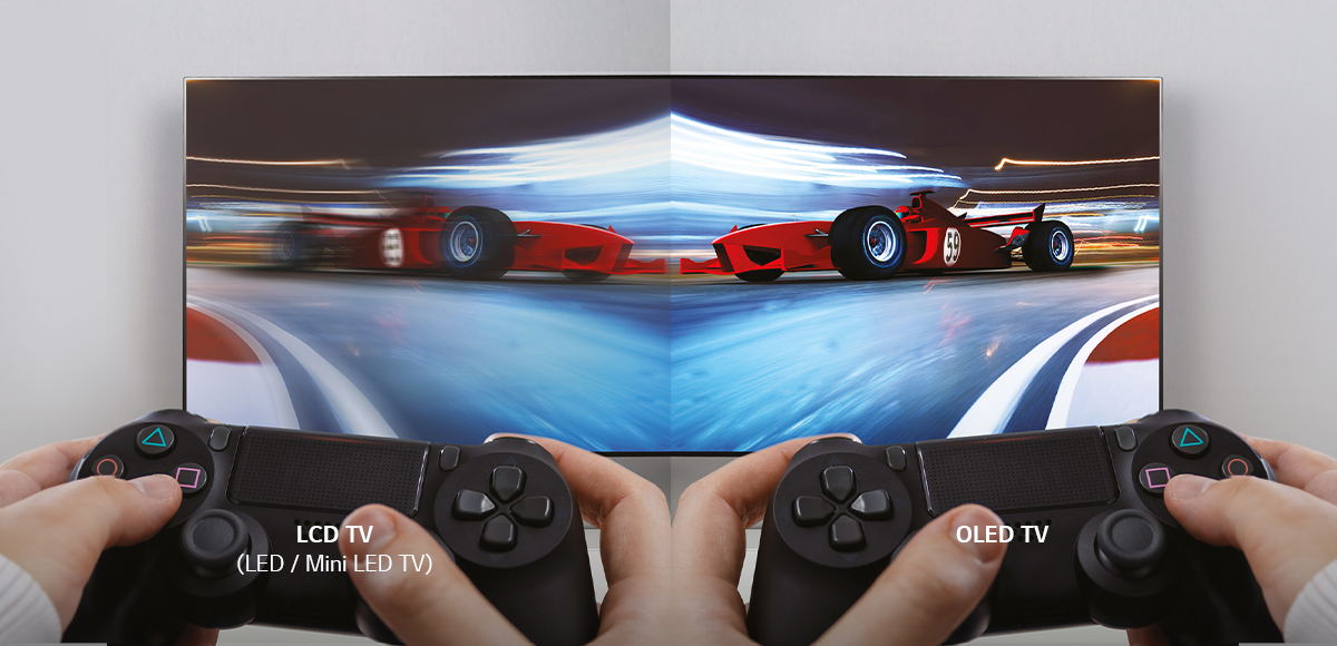 The color of the orange sports car is blurred on the LCD TV, while the color and movement of the sports car are clearly shown on the OLED TV on the right.