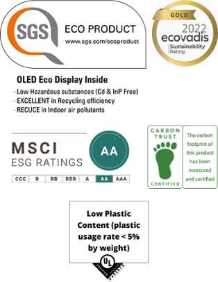 SGS 친환경 제품 인증, ecovadis 지속가능성 인증, MSCI ESG AA 인증, Carbon Trust 탄소발자국 인증, UL 플라스틱 적은 제품 인증