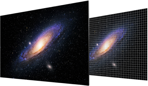 An elliptical galaxy shines brightly in space on the OLED screen with self-emissive technology, without light leakage.