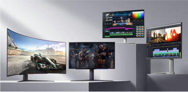 A racing game is shown on the curved monitor on the left, an FPS game on the neighboring monitor, and a video editing screen on the two flat monitors on the right, demonstrating the advantages of LG Display's monitor for high-performance gaming and design work.