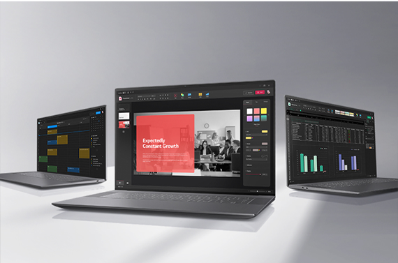 Three laptops are shown side by side, with the left laptop showing a calendar, the center laptop showing a business presentation, and the right laptop showing a spreadsheet, demonstrating the benefits of LG Display's high-performance OLED Tandem ATO optimized for office IT environments.