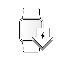 A smartwatch and an arrow with an electric shape pointing downward, indicating a low power consumption feature.