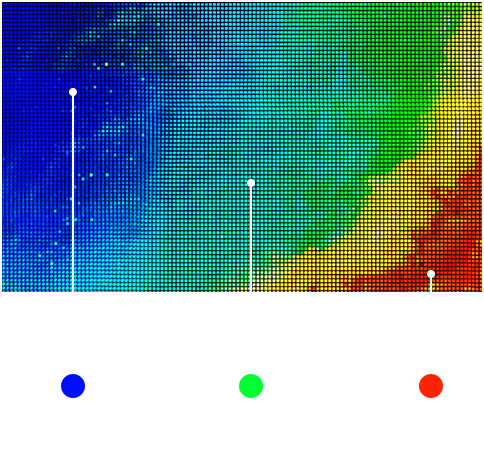 The dark volcanic terrain background has blue, green, yellow, and red hues in a white frame, showing a personalized algorithm controls brightness based on usage.