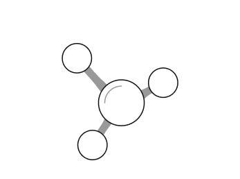 굵은 검정 테두리 원의 대각선 방향으로 3 개의 회색 선이 뻗어 있고, 그 끝에 중앙 원보다는 조금 작은 검정 테두리의 원이 각 한 개씩 붙어 있는데, 이것은 중수소를 나타낸다.