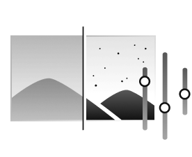 The mountain image is divided in half, and there are three controller icons in the right part, making the mountain image clearer, indicating a detail enhancer.