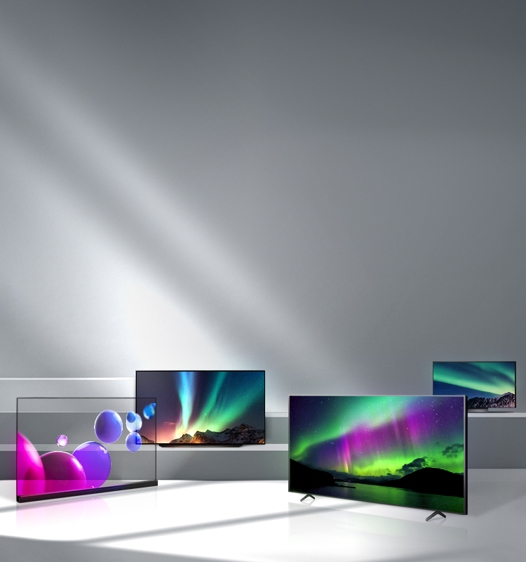 계단에 LG display의 OLED 패널이 사용된 TV 여러 대가 놓여있고, 화면에는 다채로운 색감의 그래픽 이미지가 떠 있다.