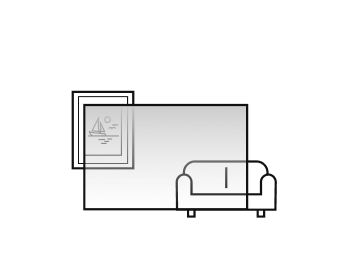 The illustration of transparent OLED through which you can see a sofa and a frame behind it.