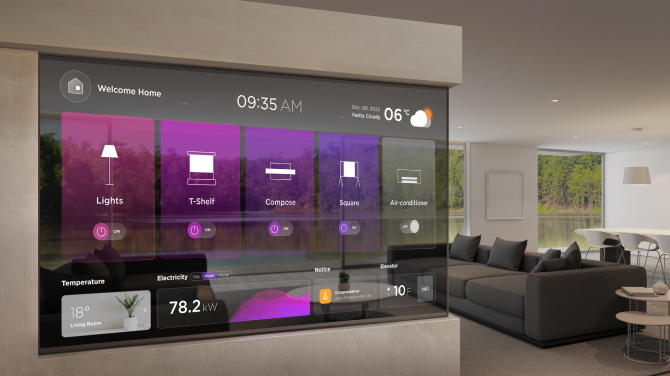 A transparent OLED is mounted on the living room wall, with a faint view of the living room behind the screen.