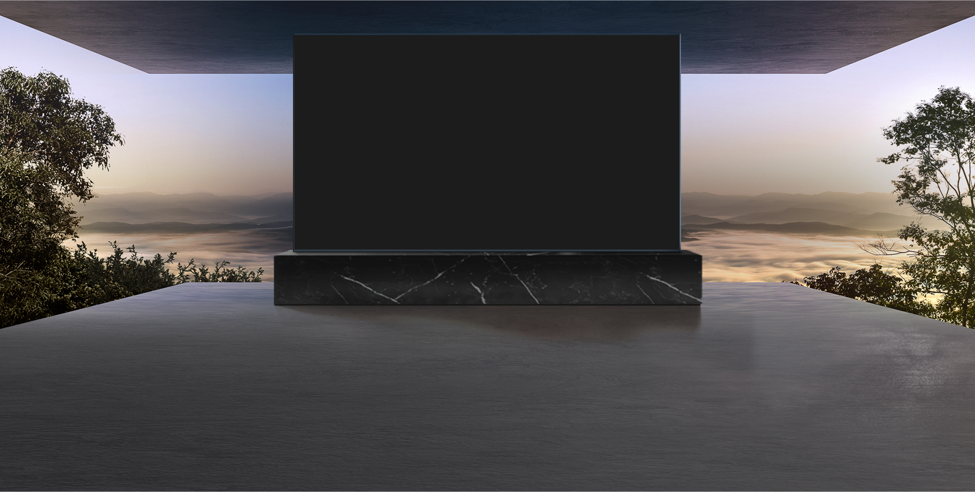 A large display sits on a black marble pedestal in the center of a room.  Against the backdrop of beautiful scenery of mountains and cloudy sky, there is an opque black OLED panel in front.