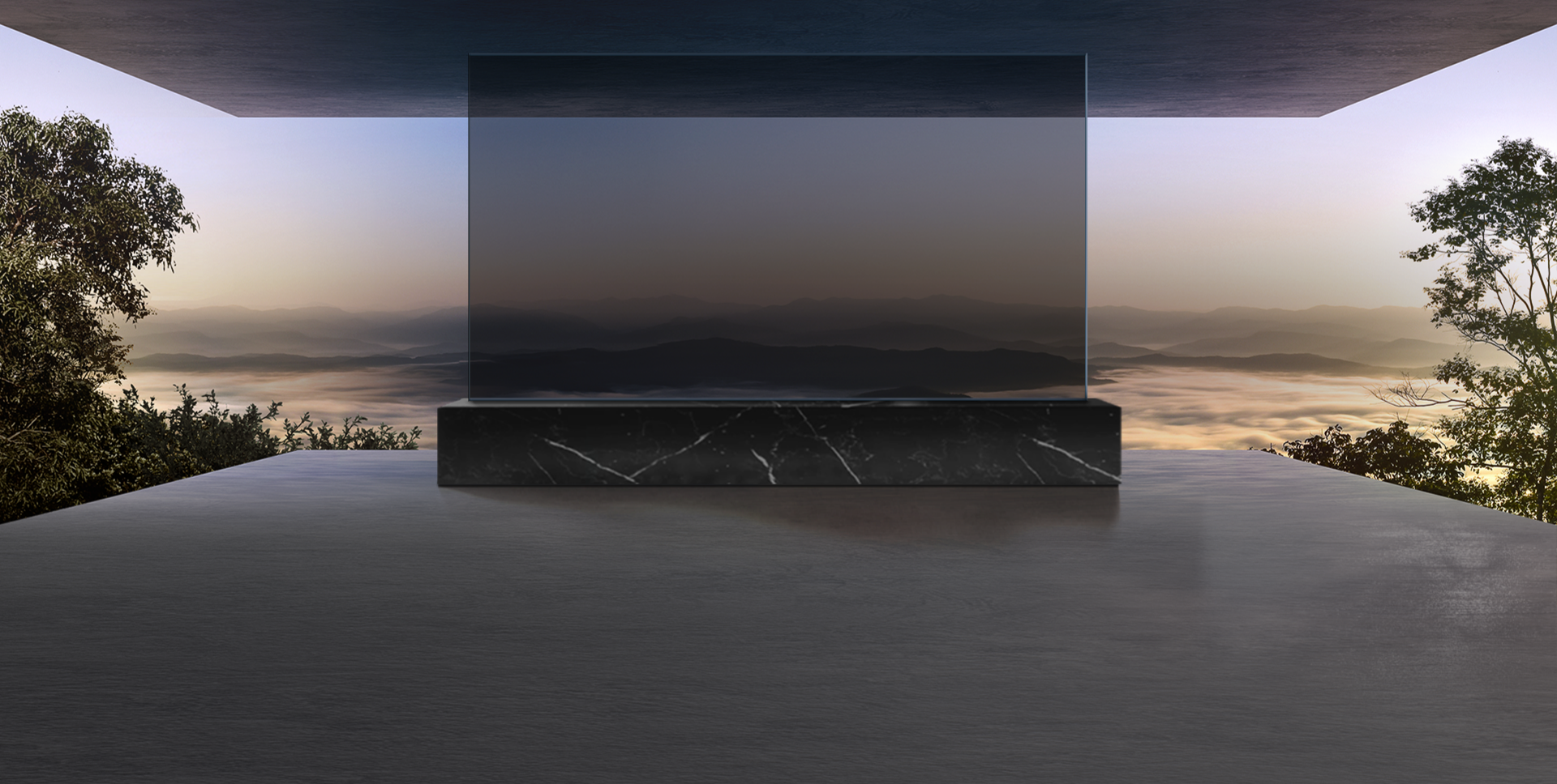 A large display sits on a black marble pedestal in the center of the room. An opaque black screen transitions to a translucent screen, with a view of the mountains and cloudy sky in the background beyond the display.